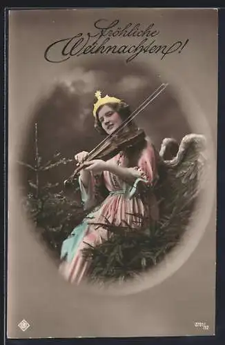 AK Weihnachtsengel spielt auf einem Tannenbaum Geige