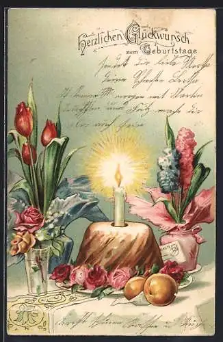 Präge-AK Geburtstagstisch mit Kuchen, Blumen und brennender Kerze