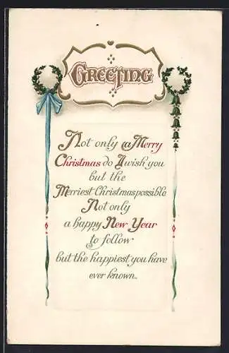 AK Christmas Greeting, Weihnachtsgruss mit Stechpalmenkränzen