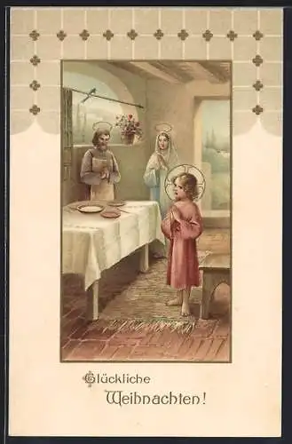 AK Glückliche Weihnachten, Betendes Christkind an einem Tisch