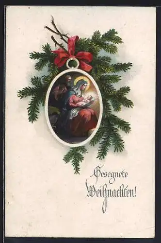 AK Maria und Josef mit dem Christkind, Tannenzweig-Passepartout