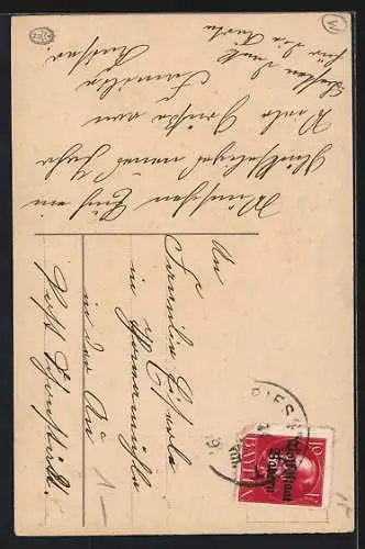 AK Maria und Josef mit dem Christkind, Tannenzweig-Passepartout