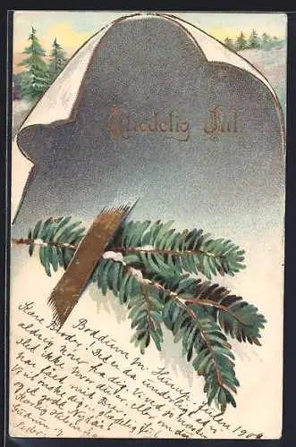 AK Glaedelig Jul, Winterlandschaft und Tannenzweig