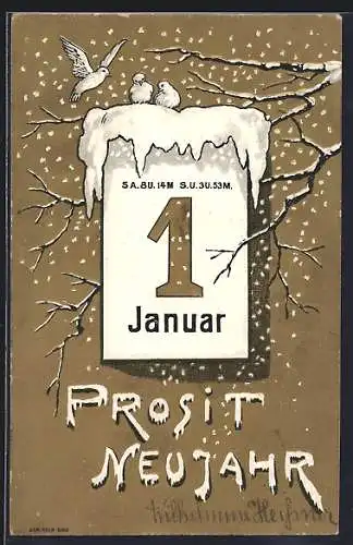 AK Prosit Neujahr, Kalenderblatt 1. Januar, Verschneiter Ast mit Vögeln