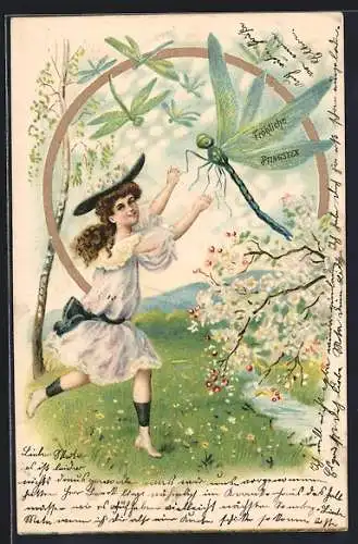 Präge-AK Libelle als Pfingstgruss