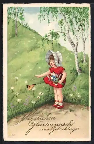 AK Mädchen mit Schmetterling, Geburtstagsgruss