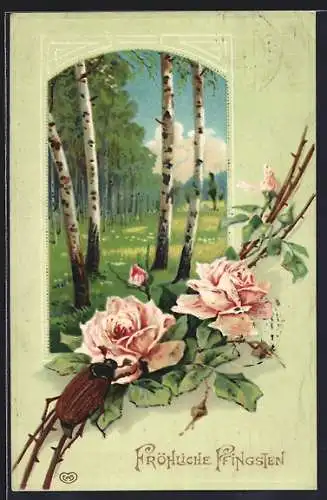 Präge-AK Maikäfer auf Rosen, Pfingstgruss