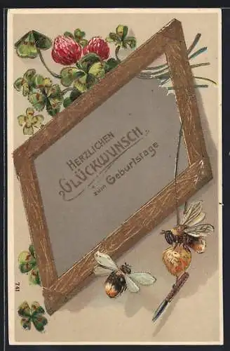 Präge-AK Hummeln umschwirren eine Schiefertafel mit Geburtstagsgruss