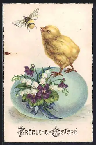 AK Osterküken pickt nach einer Hummel, Veilchen und Maiglöckchen