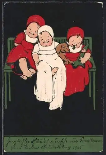 Präge-AK Drei vergnügte Kleinkinder mit Dackel