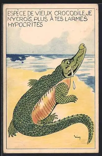 AK Krokodil weint Krokodilstränen am Meer