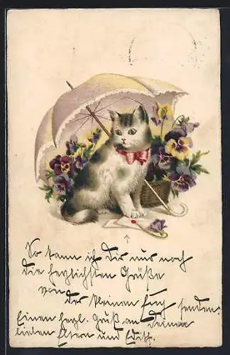 AK Katze unter einem Schirm mit Stiefmütterchen
