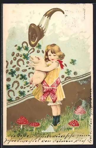 Präge-AK Mädchen mit Glücksschwein und Füllhorn voller Glücksbringer