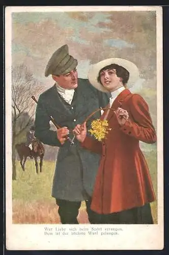 Künstler-AK Zwei verliebte Pferdesportler