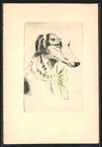 AK Windhund mit grüner Schleife