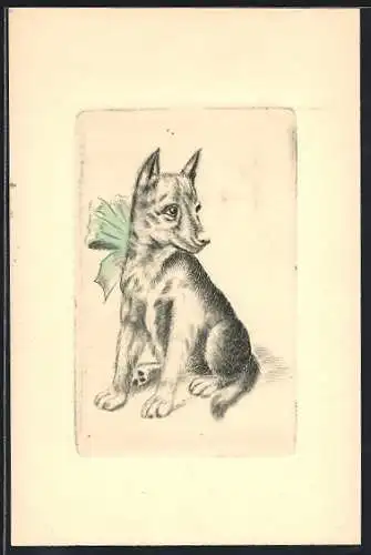 AK Kleiner Hund mit grüner Schleife