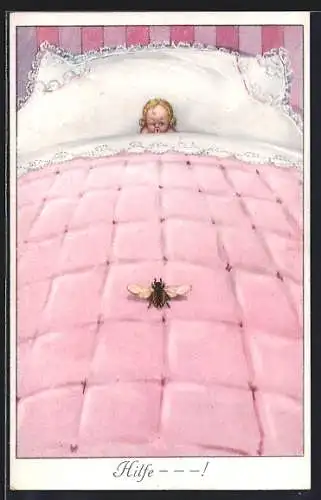 AK Hilfe!, ein Kind hat Angst vor der Biene auf dem anderen Ende der Bettdecke