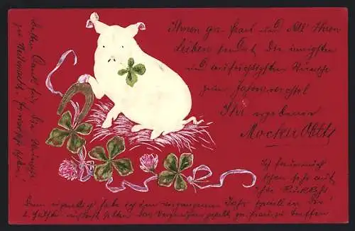 Präge-AK Schwein mit Hufeisen und Glücksklee