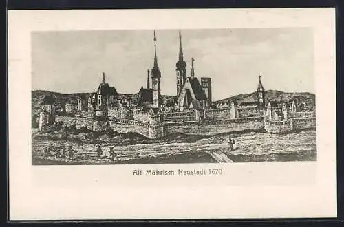 Künstler-AK Mährisch Neustadt, Historische Ortsansicht im Jahr 1670
