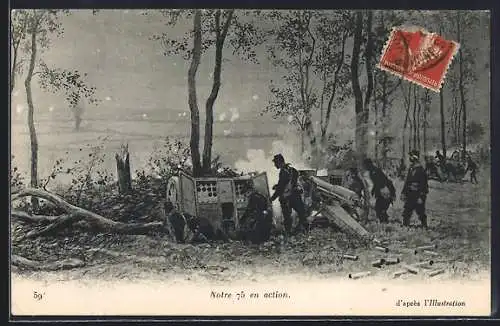 AK Notre 75 en action, Französische Artilleristen mit Geschütz