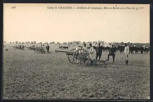 AK Chalons, Camp de Chalons, Artillerie de Campagne, Mise en Batterie de Pièces de 75 mm
