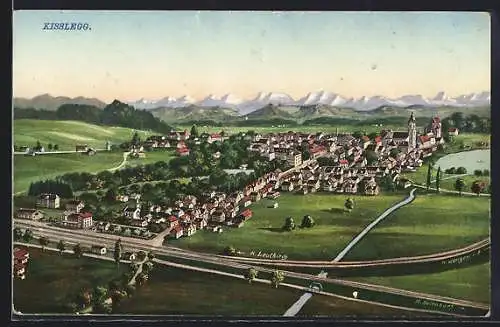 Künstler-AK Kisslegg, Teilansicht mit Strassen nach Leutkirch, N. Wangen i. A. und N. Aulendorf