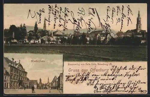 AK Offenburg, Teilansicht mit Kirche, Marktplatz