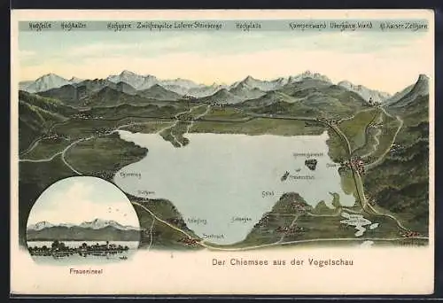 Künstler-AK Eugen Felle: Chiemsee aus der Vogelschau, Schloss Herrenchiemsee