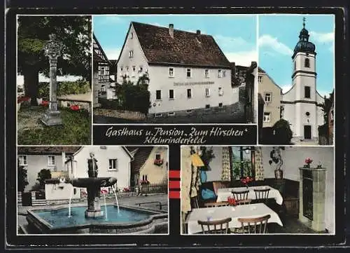 AK Kleinrinderfeld, Gasthaus u. Pension Zum Hirschen, Kirche, Denkmal, Brunnen