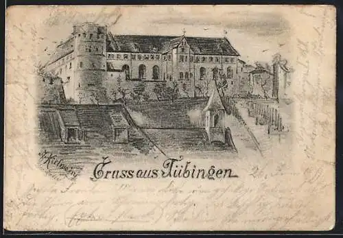 Künstler-AK Tübingen, Blick auf das Schloss