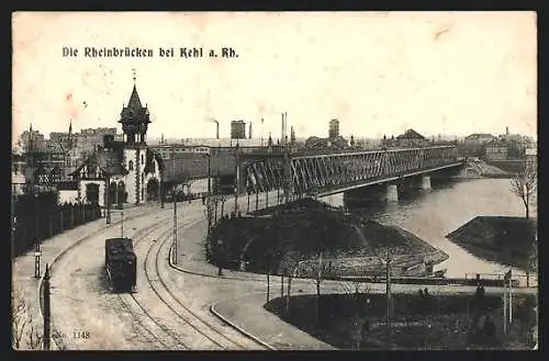 AK Kehl, Rheinbrücken mit Strassenbahn