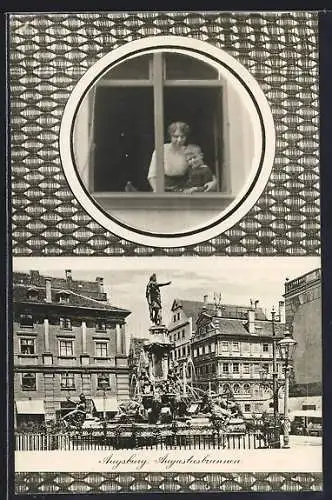 AK Augsburg, Augustusbrunnen, Mutter mit Sohn am Fenster