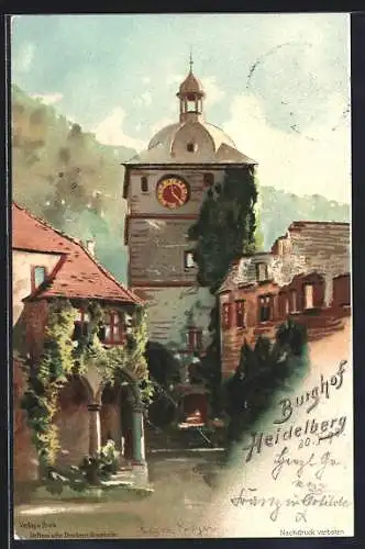Lithographie Heidelberg, Partie im Burghof