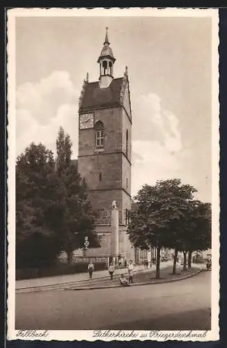 AK Fellbach, Strasse an der Lutherkirche und dem Kiregerdenkmal