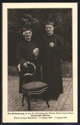 AK 91. Geburtstag des Herrn Geistl. Rates Christoph Hüfner, Pfarrer im Gau Weinheim, 1929