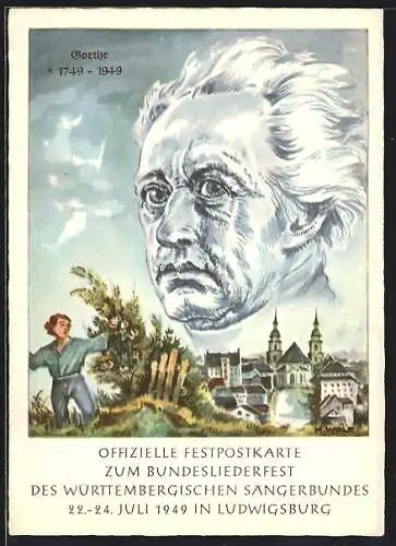 Künstler-AK Kopf von Goethe über der Stadt (1749-1949)