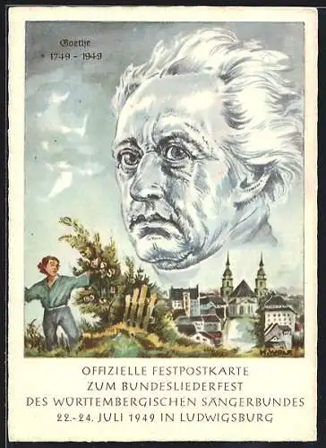Künstler-AK Kopf von Goethe über der Stadt (1749-1949)