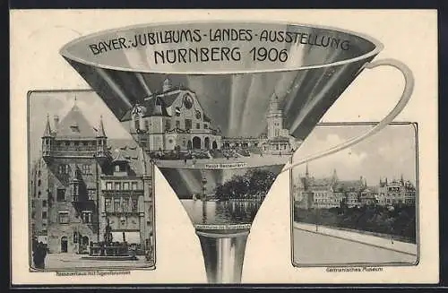 AK Nürnberg, Bayer.-Jubiläums-Landes-Ausstellung 1906-Hauptrestaurant, Leuchtturm im Dutzendteich, Germanisches Museum