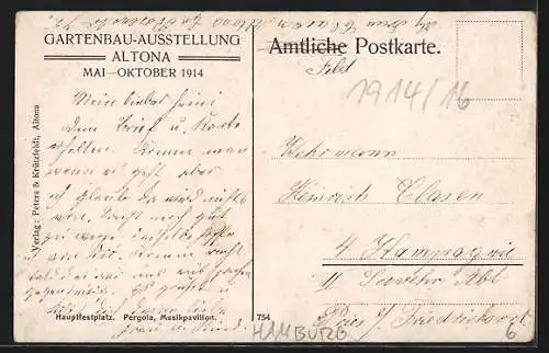 AK Hamburg, Gartenbau-Ausstellung Altona Mai-Oktober 1914, Hauptfestplatz mit Pergola u. Musikpavillon