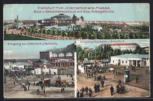 AK Frankfurt a. M., Internationale Messe, Blick v. Gewerbemesshaus a. d. Messgelände, Eingang z. Osthalle u. Festhalle