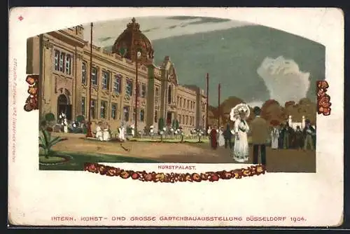 Lithographie Düsseldorf, Kunst- und Grosse Gartenbauausstellung 1904, Besucher am Kunstpalast