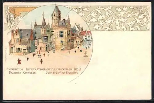 Lithographie Bruxelles, Exposition Internationale 1897, Quartier du Vieux Bruxelles-Bruxelles Kermesse