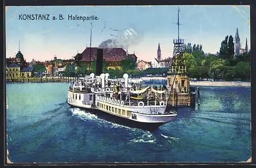 AK Konstanz am Bodensee, Hafenpartie mit Dampfer