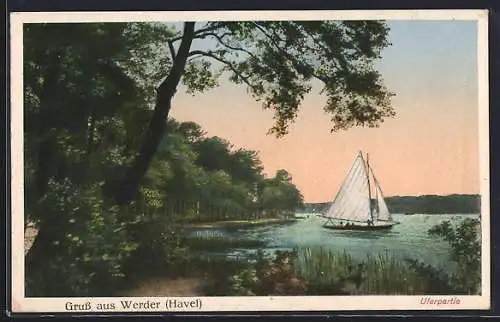 AK Werder /Havel, Uferpartie mit Segelboot