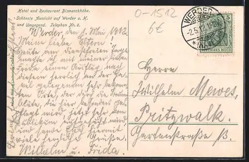 AK Werder /Havel, Ortsansicht vom Hotel-Restaurant Bismarckhöhe