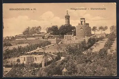 AK Brandenburg /Havel, Bismarckwarte, Ansicht mit Kriegerdenkmal