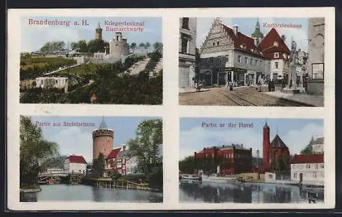 AK Brandenburg /Havel, Kurfürstenhaus, Partie an der Havel, Kriegerdenkmal Bismarckwarte