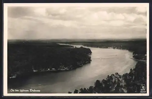 AK Dubrow, In der schönen Dubrow, Ortspartie vom Flugzeug aus