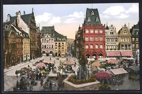 AK Trier, Hauptmarkt mit Petrusbrunnen und Rotes Haus