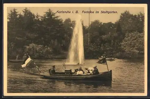 AK Karlsruhe i. B., Fontaine und Boot im Stadtgarten